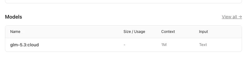 Ollama 公式ページで glm-5.3:cloud の Input が Text と表示されている